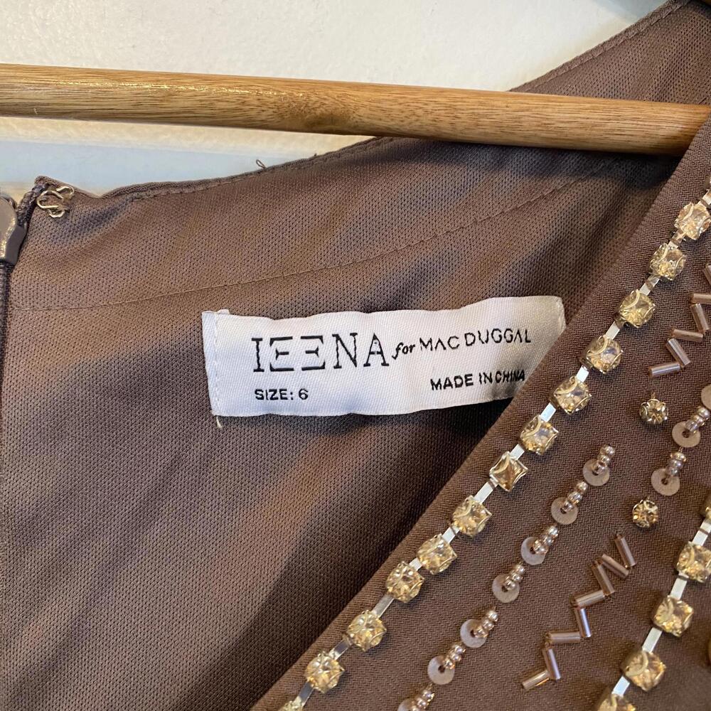 IEENA MAC DUGGAL taupe jersey faux wrap beaded maxi formal dress sz 6 - Picture 4 of 6